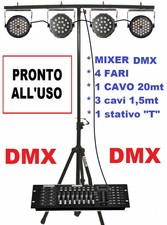 IMPIANTO LUCI COMPLETO DISCOTECA DJ DMX 4 fari + stativo + mixer + cavi