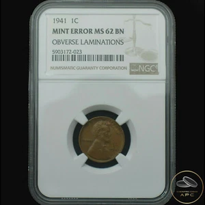 1941 Lincoln Wheat Cent~Mint Error~NGC MS62BN~Obverse Lamination~Very Rare UNC~ - Picture 1 of 4