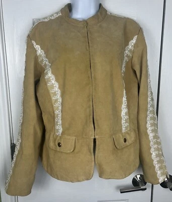 Cervelle Beige Leather With White Lace Trim Jacket Women’s Size Large - Imagem 1 de 4
