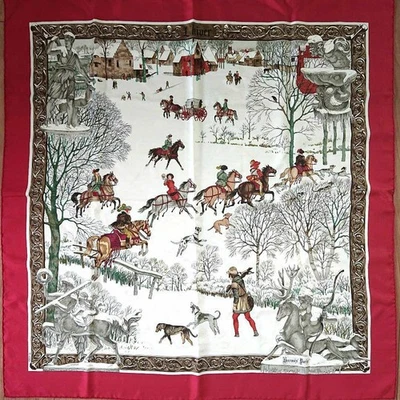 HERMES Paris Carré 90 Lhiver Winter snow Silk 100% scarf Red Used made in France - Image 1 of 4