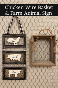 Cesto di filo di pollo e insegna animale da fattoria - accento rustico cucina di campagna casale - Foto 1 di 10