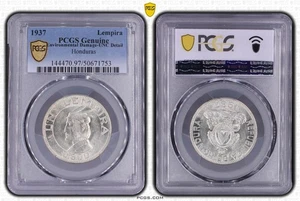 HONDURAS SILVER 1 LEMPIRA UNC COIN 1937 YEAR KM#75 PCGS GRADING - Picture 1 of 4