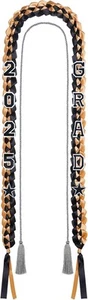 2025 Grad Graduation Ribbon Lei Braided Necklace Gift Black Gold - Picture 1 of 7