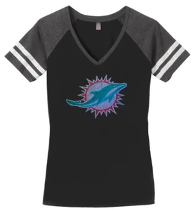 Women's Miami Dolphins Football Ladies Bling V-neck Shirt Size S-3XL - Picture 1 of 2