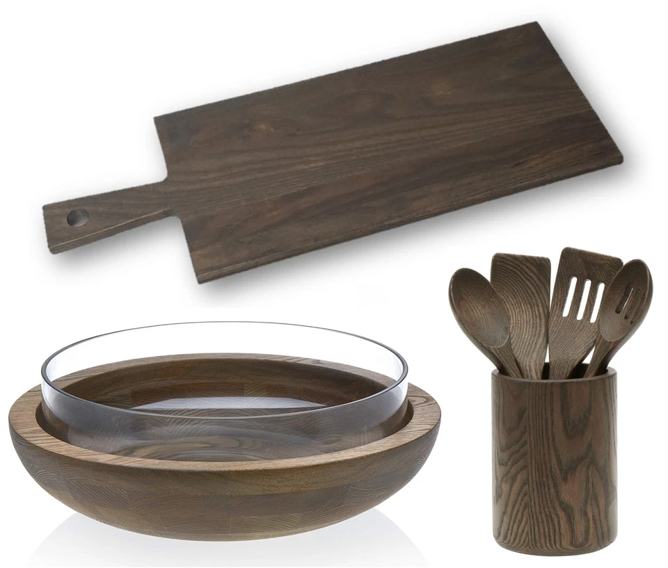 TIGELA GRANDE PARA SERVIR SALADA DE VIDRO/MADEIRA LIBBEY + UTENSÍLIOS + TÁBUA DE SERVIR DE MADEIRA FEITA À MÃO - Imagem 1 de 4