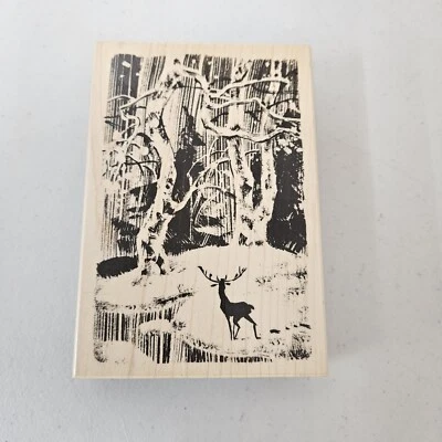 Sello de goma Penny negro invierno madera paisaje ciervo cielo en la tierra Foto 1 de 4