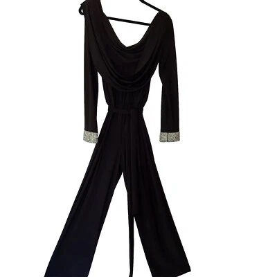 Marina дизайнерский черный брючный костюм с блестящий рукав манжеты и крестом назад Sz 8P - Изображение 1 из 4