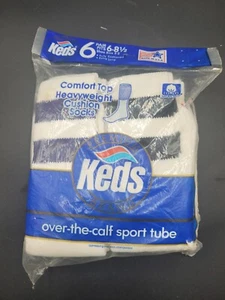 Vintage 80's Keds Over the Calf Extra Long Tube Socks White Two Stripe Sz 6-8.5 - Picture 1 of 5