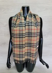 Authentic Vintage Burberry Scarf Pure Virgin Wool Nova Check Spain Beige Fringe - Picture 1 of 12