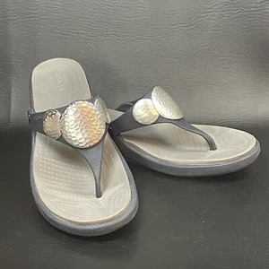 Crocs Sanrah Embellished Wedge Thong Flip Flop Women’s Sz 10W Navy Blue Silver - Picture 1 of 10