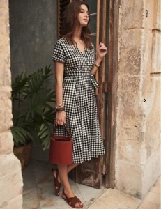 NWT Sezane MARIELLE midi DRESS Black White cotton gingham plaid 36SZ4 bust34 - Picture 1 of 8