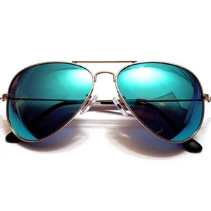 GOLD METAL FRAME AVIATOR BLUE-GREEN MIRROR COLORED LENSES SUNGLASSES UVB UVA 99% - Picture 1 of 9