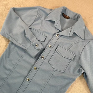 Vintage John Blair Shirt Jacket Men Large Blue Flap Pockets 1970s Long Sleeve - Picture 1 of 8
