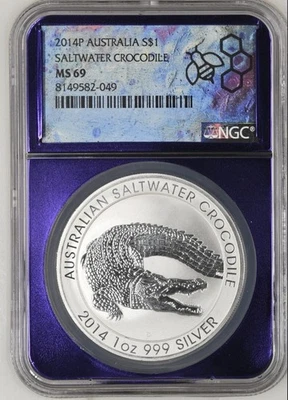 2014 P $1 Australia Saltwater Crocodile NGC MS 69 - TraderBea Purple Core - Image 1 of 4