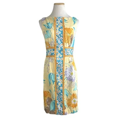 London Times Butter Yellow Floral Cotton Sleeveless Boat Neck Sheath Dress Sz 14 - Image 1 of 4