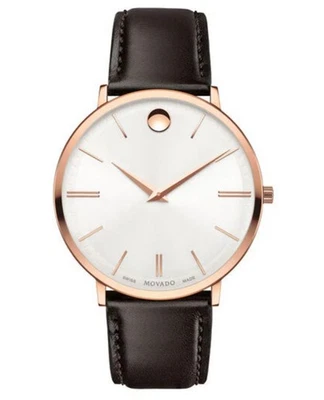 NUEVO Movado Ultra Delgado Para Hombres 40mm Oro Rosa PVD Cuero Marrón Suave 0607089 Foto 1 de 4