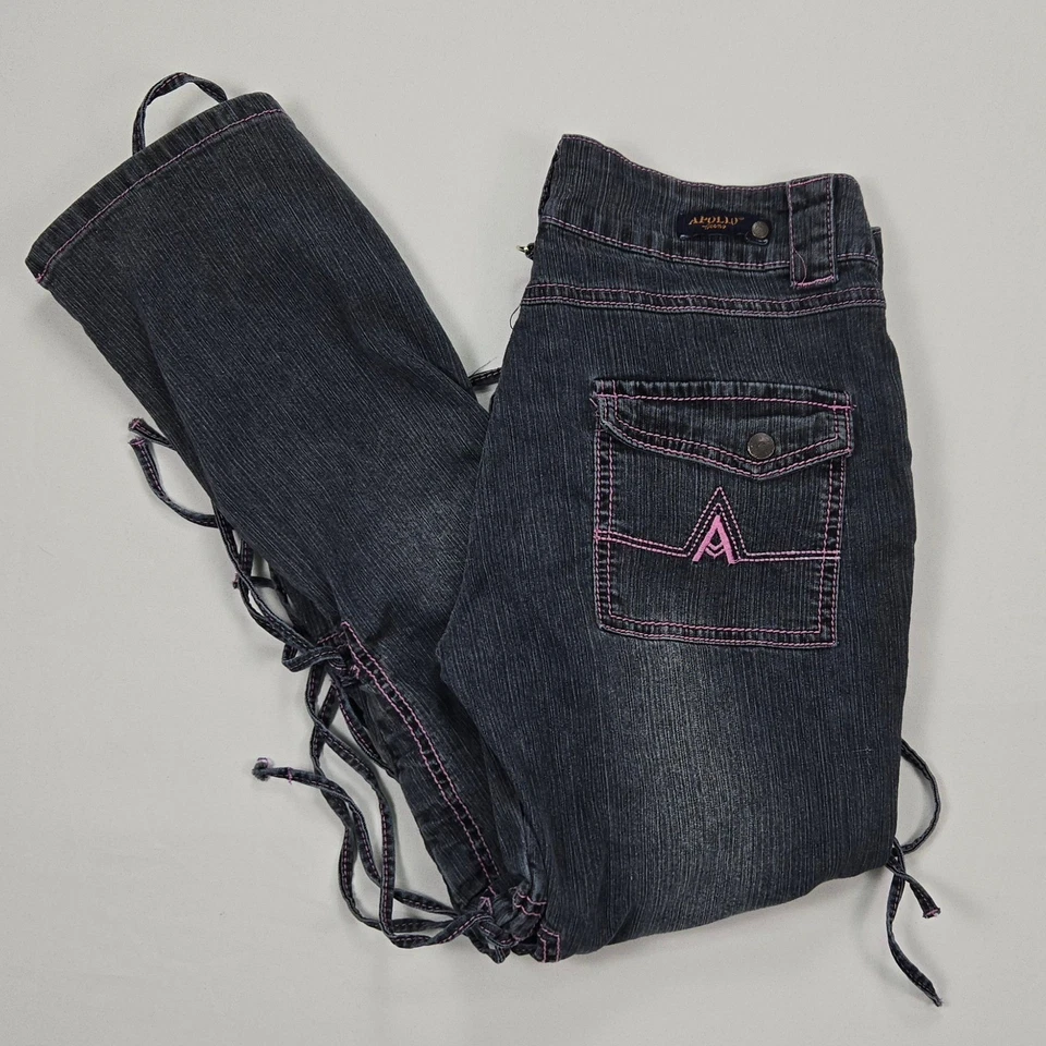 Pantalones de mezclilla Apollo Y2K con cordones para mujer 5/6 tiro bajo hebilla cargo rosa ropa de calle Foto 1 de 4