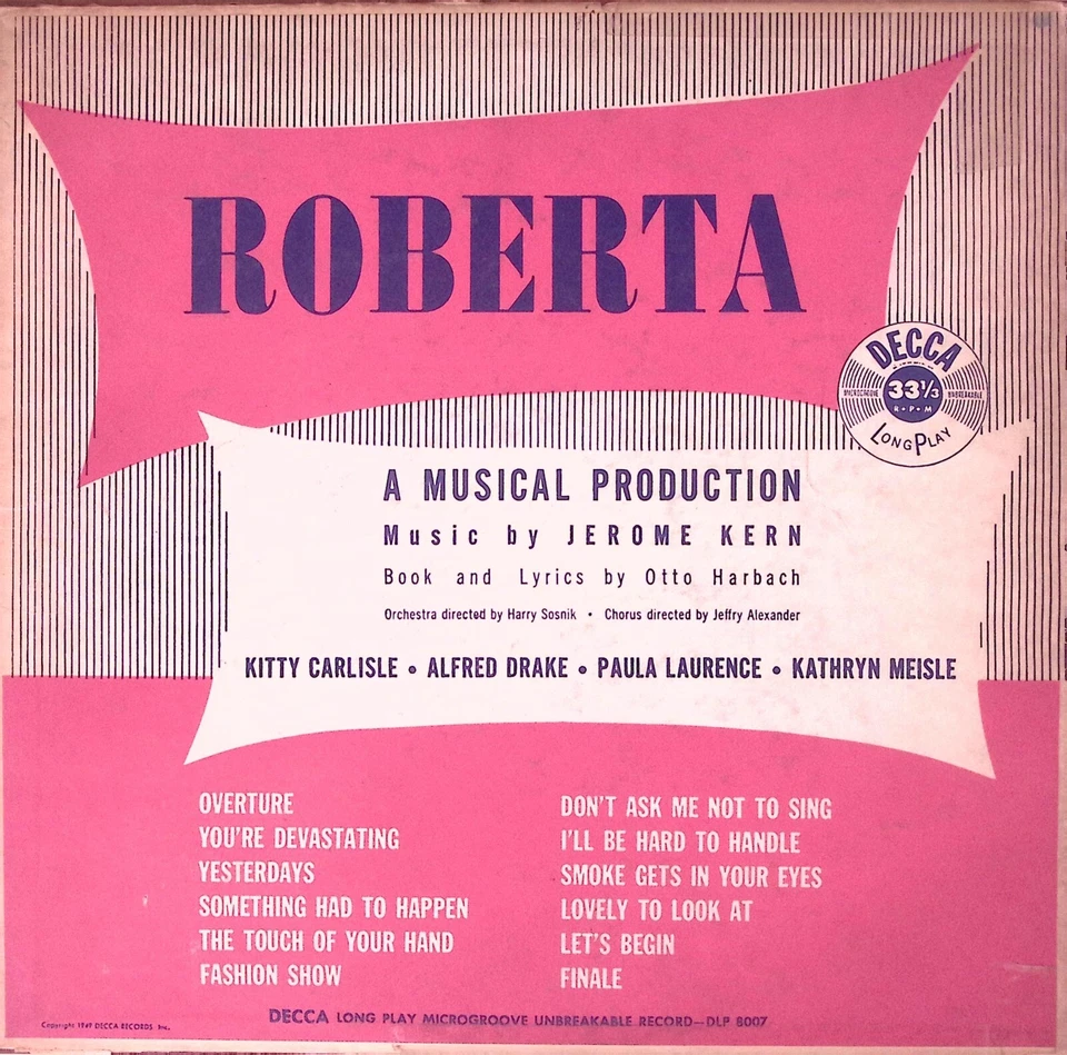 ROBERTA JEROME KERN KITTY CARLISLE ALFRED DRAKE DECCA DLP8007 VINYL LP 208-21 - Image 1 of 4