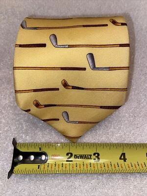ALYNN VINTAGE YELLOW BROWN GOLD GRAY "WOODS & IRONS" 100% SILK NECKWEAR USA  - Image 1 of 4
