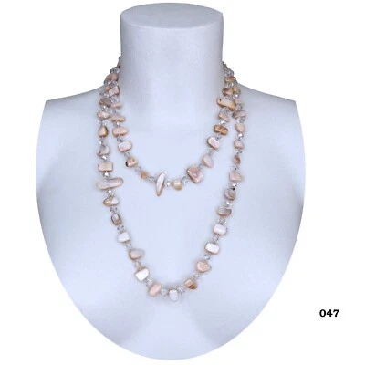 Beige Klarlack Halskette Perlmutt Kristall Halbedelsteine Draht Lang Damen 110cm - Bild 1 von 2