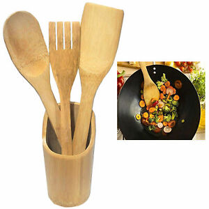 4 PC Wooden Utensil Set Cooking Bamboo Kitchen Essentials Non Scratch Utensils