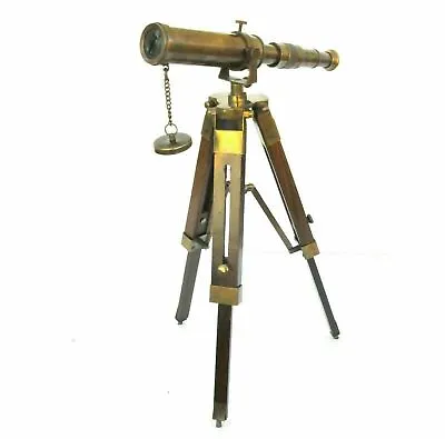 Tripod Desk Decor 10  Maritime Decorative Brass Antique Telescope With Wooden • 48.57$