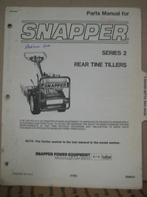 Manual de piezas Snapper original para la serie 2 cultivadoras de dientes traseras (7/85) Foto 1 de 2