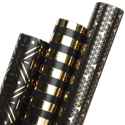Papel de Envolver Cumpleaños Ribbli Negro y Dorado Papel de Envolver Regalo para Hombres Graso... Foto 1 de 4