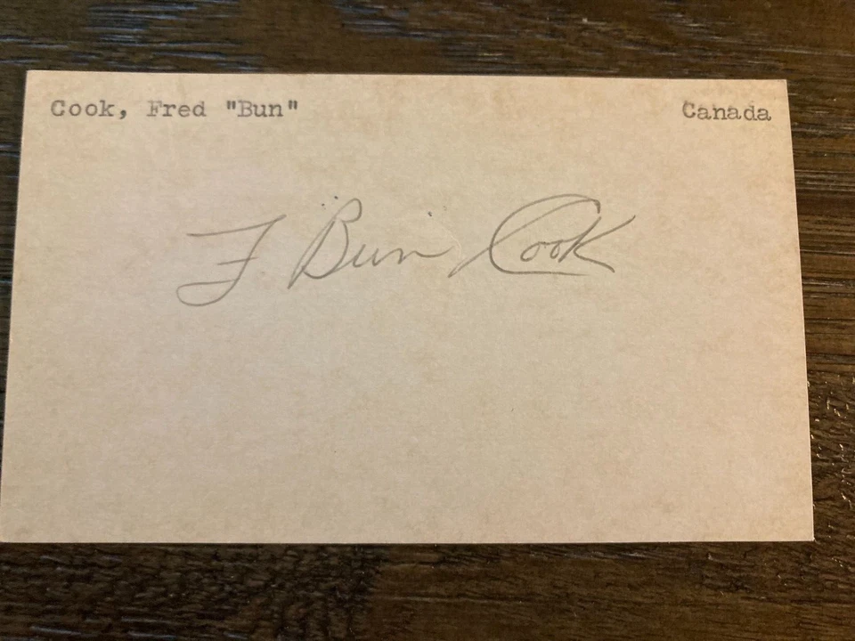 Tarjeta índice de hockey autografiada firmada por Fred Bun Cook Boston Bruins Rangers HOF 3x5 Foto 1 de 1
