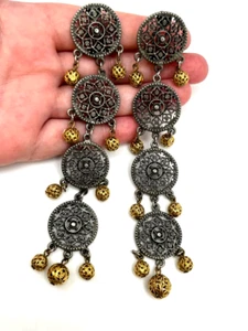 Vintage BEN AMUN Statement Clip On Earrings Dangle 5" EXTRA LONG Two Tone - Picture 1 of 8
