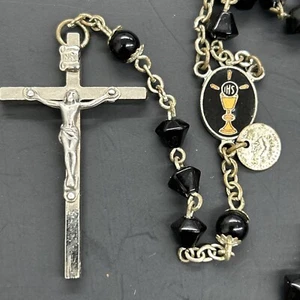 Vintage Eucharist Center Rosary 1-3/4” Tall Crucifix Black Glass Beads K9 - Picture 1 of 7
