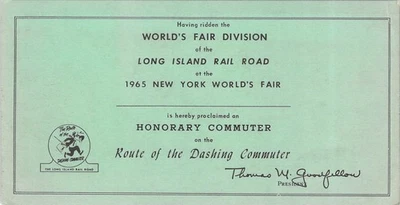 LONG ISLAND WORLDS FAIR DASHING COMMUTER RAILROAD RAILWAY PASS 1965 - Image 1 of 2