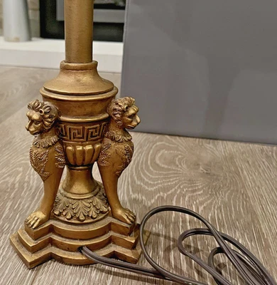 Vintage Pair of Lion Head Sphinx style Stairstep Lamps. Linen White Shades - Image 1 of 4