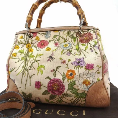 Bolso de Mano Gucci Bambú Bolso de Hombro Patrón Floral 336032 Lona Cuero Marrón Foto 1 de 4