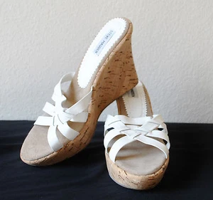 STEVE MADDEN Kaliee 9.5 White Woven LEATHER Cork Wedge Plaform Heel Sandals - Picture 1 of 7