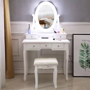 Vanity Dressing Desk Makeup Table Set 5 Drawers Stool with LED Lighted Mirror - Picture 1 of 8