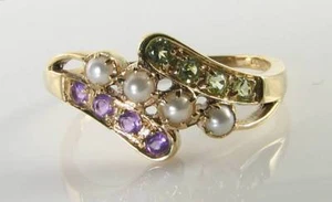 SUFFRAGETTE 9CT GOLD PEARL AMETHYST PERIDOT ART DECO INS ETERNITY BYPASS RING - Picture 1 of 5