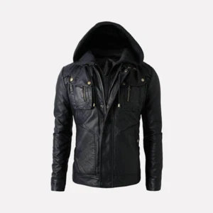Chaqueta de cuero con capucha para hombre - Imagen 1 de 4