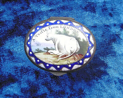 ANTIQUE C18th BATTERSEA ENAMEL PATCH PILL SNUFF BOX '' A TRIFLE FROM LONDON '' • 305.28£