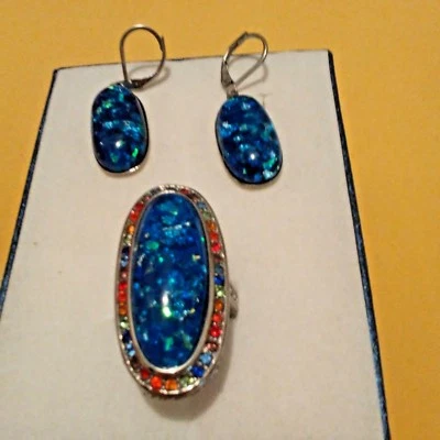 Lab Created Blue Opal Multi Color Crystal Stainless Steel Earrings/Ring Sz 6 - Image 1 of 4