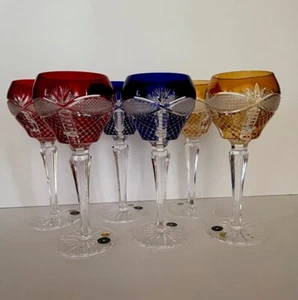 BOHAMIA 6 CRYSTAL Multi-Colored Wine Glasses Hand Cut To Clear Overlay Czech FF - Picture 1 of 8