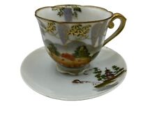 Vintage Tea Cup and Saucer Hand Painted Occupied Japan Water Scene Gold Gilded