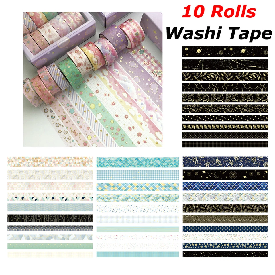 Juego de 10 rollos Washi Tape 3 m negro y dorado hágalo usted mismo cinta adhesiva decorativa adhesiva adhesiva Foto 1 de 4