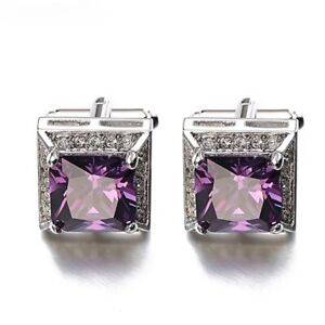 Square Purple Zircon Cufflinks Luxury Crystal Groom Wedding Cuff links for Men