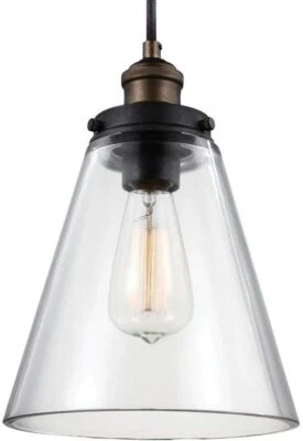 Feiss Baskin Glass Pendant Cone Light Painted Aged Brass/Dark Weathered Zinc - Image 1 of 4