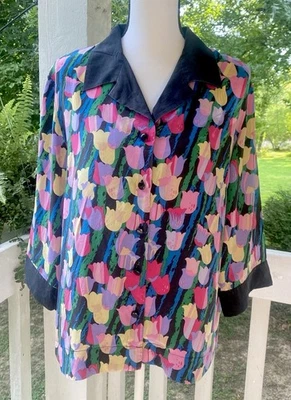 Винтажная блузка на пуговицах Bob Mackie Wearable Art 100% шелк тюльпановый принт средний размер - Изображение 1 из 4