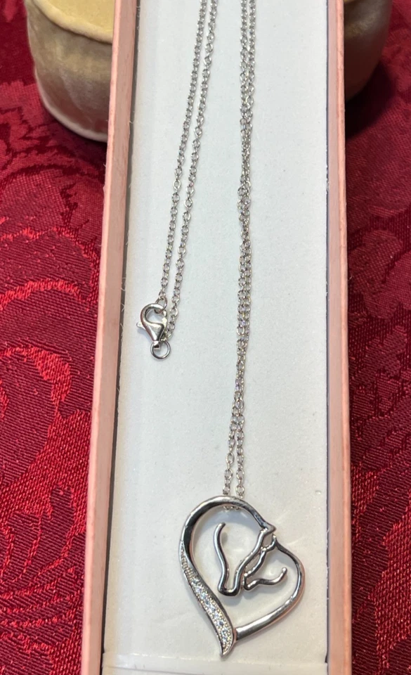 Винтажный серебро S925 две лошади головы и фианиты камни сердце подвеска ожерелье - Изображение 1 из 4