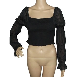 Urban Romantics Blouse Large crop black sheer silver shimmer sparkle shirred - Picture 1 of 9