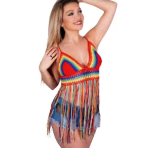 Retro Rainbow Crochet Bra Halter Top Festival Boho Colorful Hippy Handmade Plus - Picture 1 of 9