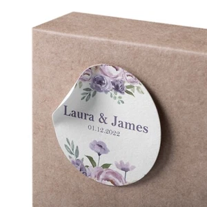 Personalised Purple & Lilac Floral Wedding Favour Stickers / Labels (LA13) - Picture 1 of 2